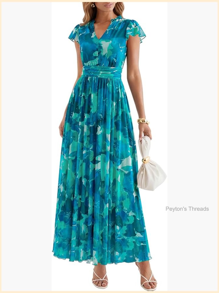Flutter Sleeve V-Neck Floral Mesh Maxi Dress Flowy Beach Vacation